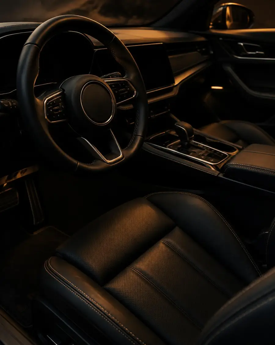 Leather interior of a luxury car in warm light
