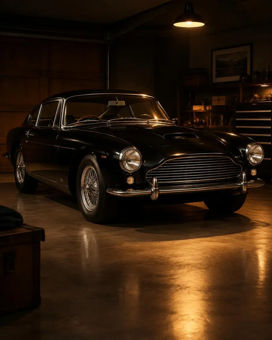 Classic black grand tourer in a private garage
