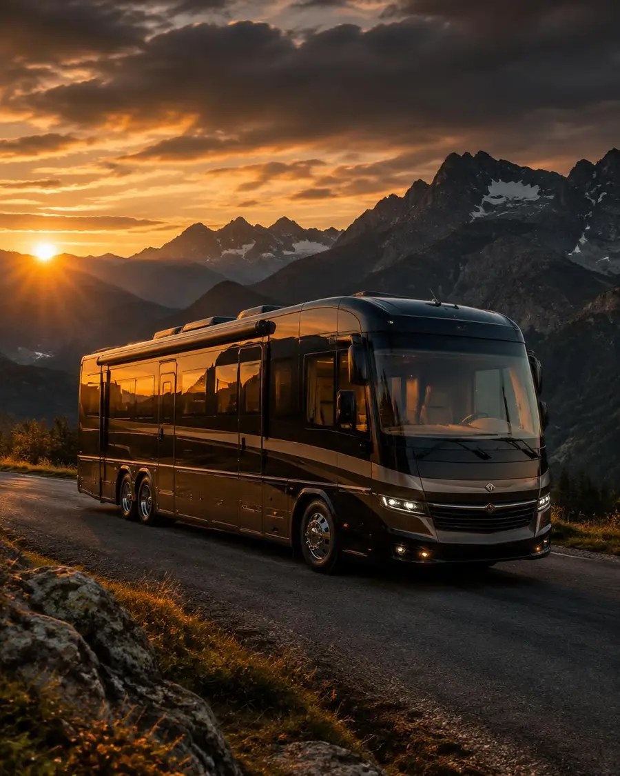 Luxury motorhome on an alpine road at sunset