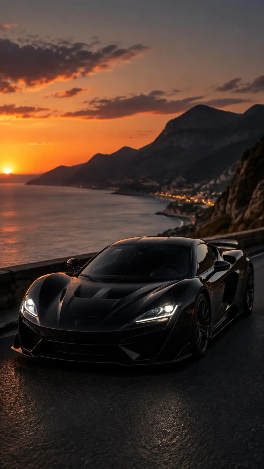 Black supercar on a coastal terrace at sunset with a superyacht in the bay